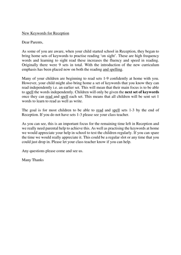 Letter to parents to accompany Key word documents