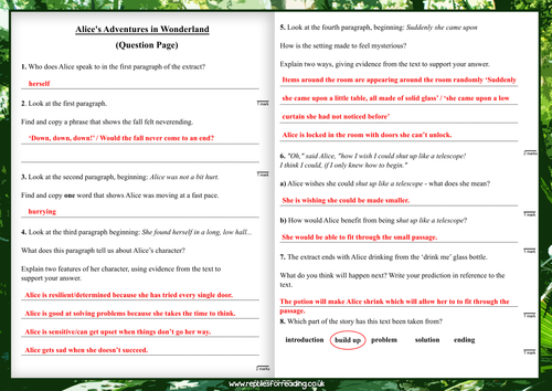 alices adventures in wonderland ks2 comprehension with answers mix