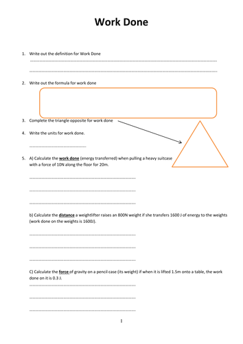 GCSE Physics Worksheet: Work Done, definition, formula, Q&A | Teaching