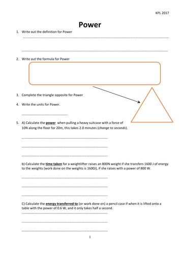 GCSE Physics Worksheet: Power, definition, formula, Q&A | Teaching