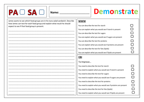 Food Test PASA Activity - Peer and Self Assessment | Teaching Resources
