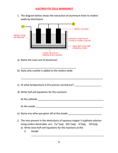 ELECTROLYTIC CELLS WORKSHEET WITH ANSWERS