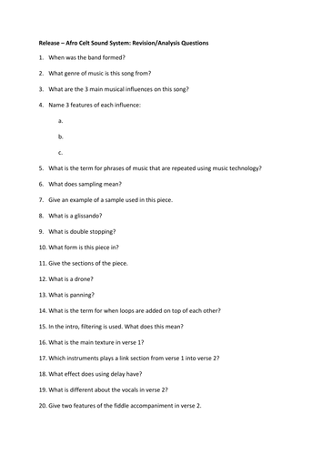 Edexcel GCSE Music (9-1) Release: Revision/Analysis Questions