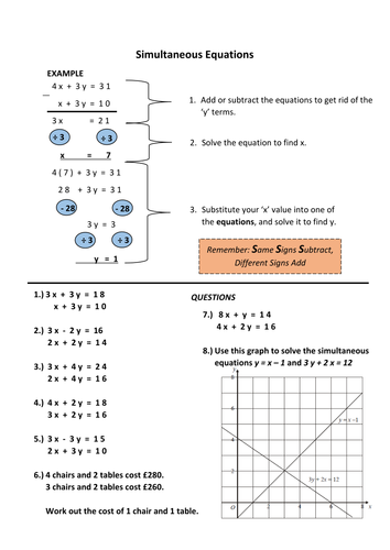 Simultaneous Equations worksheet - basic | Teaching Resources