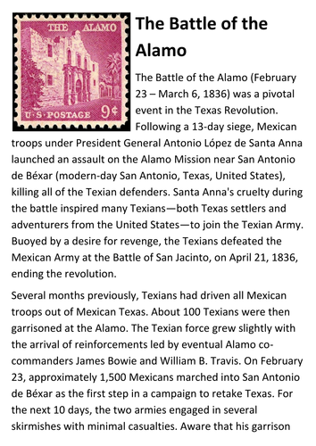 The Battle of the Alamo Handout