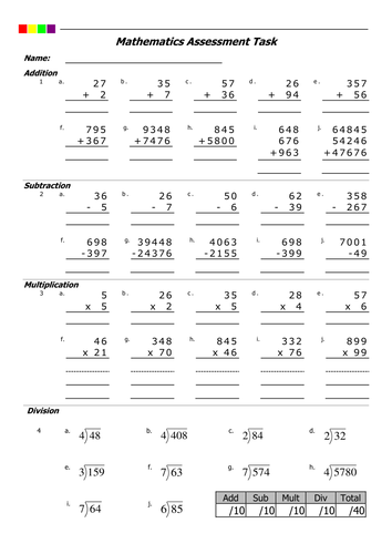 Editable Addition Subtraction Multiplication Division Assessment Teaching Resources
