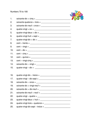 French Numbers 1 100 Worksheet Pdf