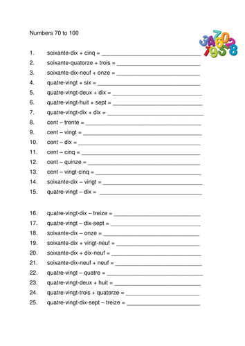 French Numbers 1 100 Worksheet