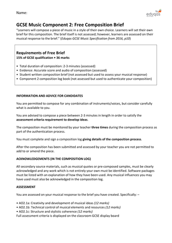 Eduqas Gcse Music Free Composition Brief Worksheet Teaching Resources