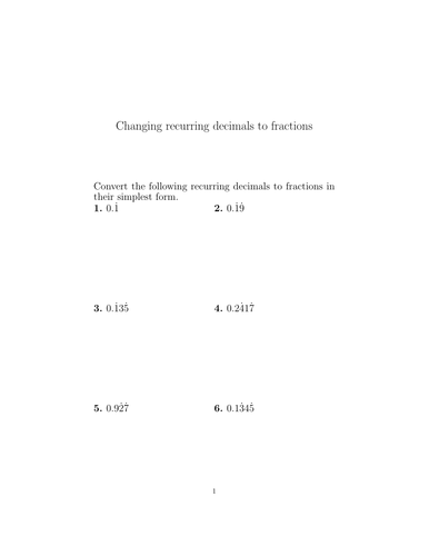 Recurring decimals to fractions worksheets (with detailed solutions ...