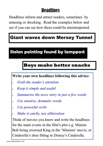 Newspaper Funny Headlines Task Builds Understanding Of Newspapers With Shark Attack Story Teaching Resources