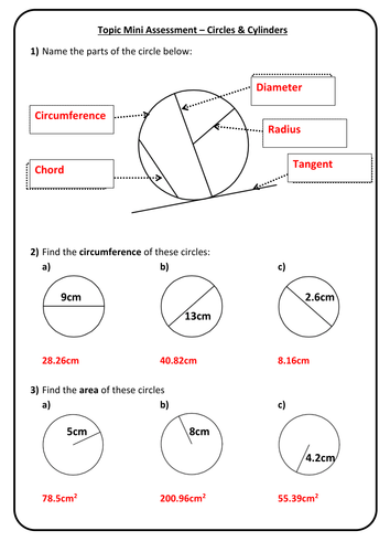 End of Topic Mini Test/Marking Grid - Circles/Cylinders/Surface Area ...