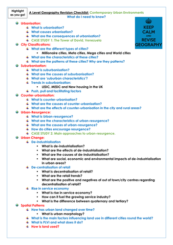 AQA A Level Geography Contemporary Urban Environments Revision Checklist