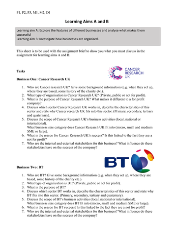 btec business level 3 unit 1 assignment 1 example