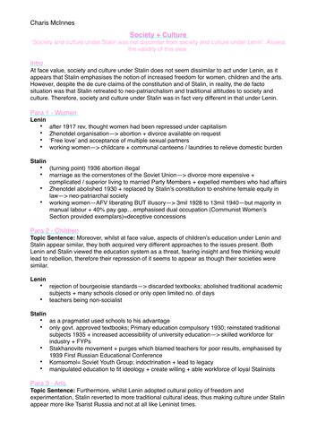 A Level History: Russia, society and culture under Lenin and Stalin, Essay Plan