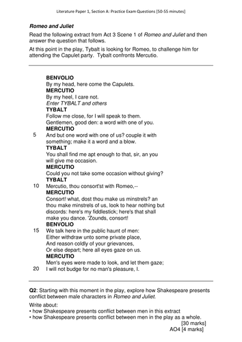 Romeo And Juliet Gcse Exam Question Pack 21 Practice Tasks With Extracts Aqa English 