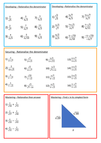 Rationalising The Denominator Worksheet Teaching Resources