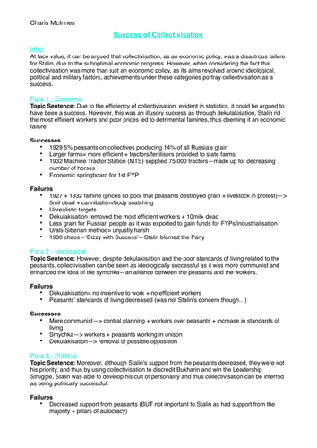 AS/A Level History, Russia: success of collectivisation, essay plan