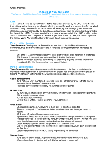 A Level History: impacts of WW2 on the USSR,  essay plan