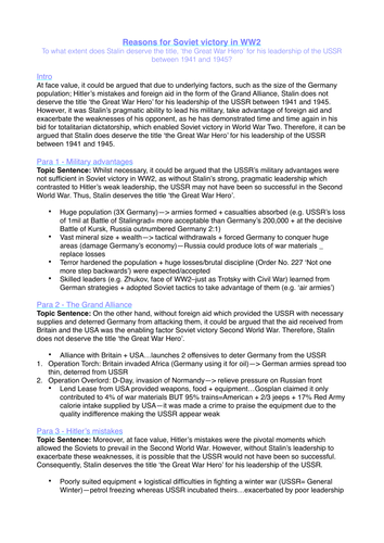 A Level History: reasons for Soviet victory in WW2, essay plan