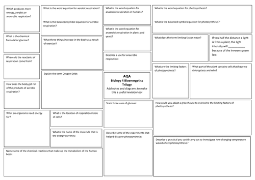 AQA Trilogy Science (9-1) Biology 4 Bioenergetics Revision Broadsheet