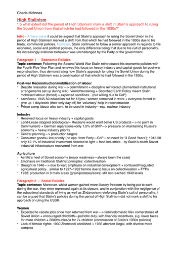 A Level History: High Stalinism, essay plan