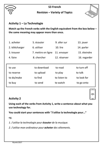 french revision worksheet technology town family and school