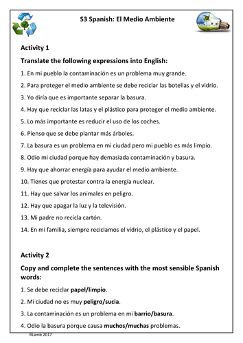Spanish - Environment Worksheet | Teaching Resources