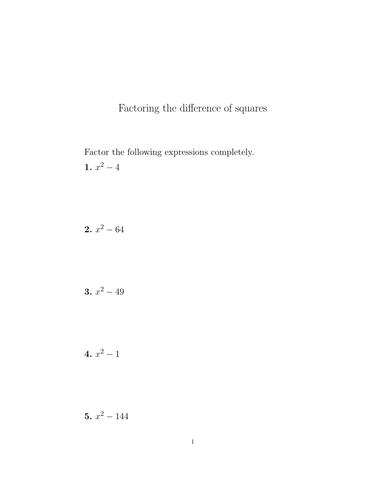 Factoring difference of squares worksheet with detailed solutions