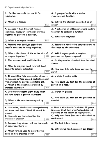 Revision card sorts for AQA 9-1 GCSE Biology / Combined – B2 - Organisation