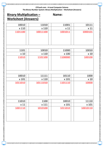 A-Level Computer Science - Binary Multiplication Worksheet