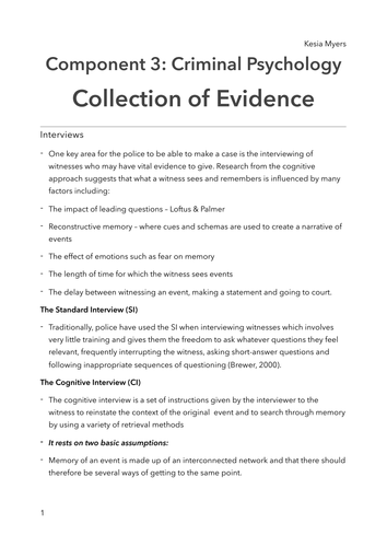 OCR PSYCHOLOGY CRIMINAL PSYCHOLOGY COLLECTION OF EVIDENCE