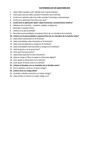 Y10 SPANISH VIVA M3: LIST OF QUESTIONS FOR SPEAKING EXAM (CONVERSATION PART)