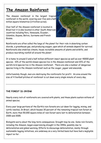 Two Comprehensions based on the Amazon Rainforest / Conservation Issues ...