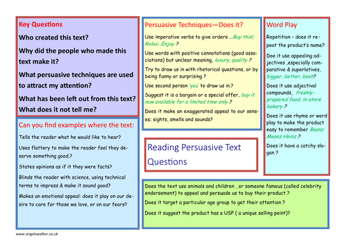 Guided reading learning mats for persuasive texts discussion to de-construct ads KS1&2 & KS3&4
