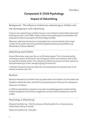 OCR PSYCHOLOGY APPLIED  CHILD - IMPACT OF ADVERTISING ON CHILDREN (A LEVEL)
