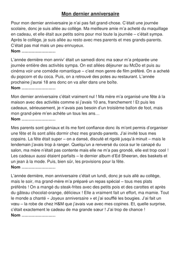 Mon Dernier Anniversaire Year 10 Teaching Resources
