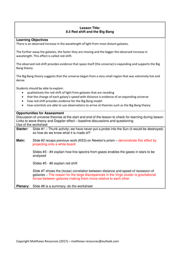 GCSE Science / Physics / Astronomy (AQA P8) Red shift and the Big Bang (Lesson plan & PowerPoint)