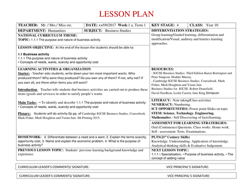lesson plan for business studies jss1 first term