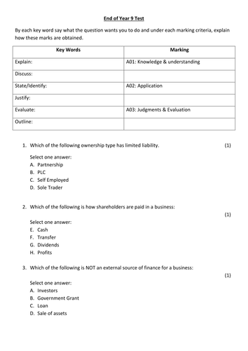 GCSE Business Studies end of first year test