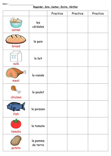 french food vocabulary revision worksheet and test