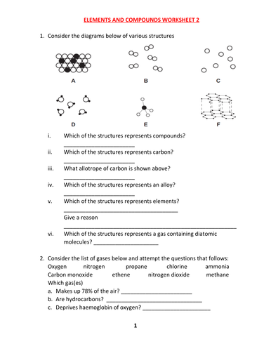 ELEMENT AND COMPOUND WORKSHEET | Teaching Resources
