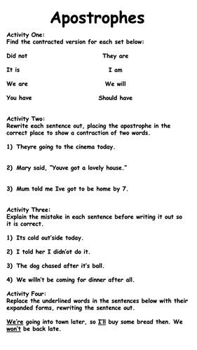 Apostrophes for Contractions (Worksheets)
