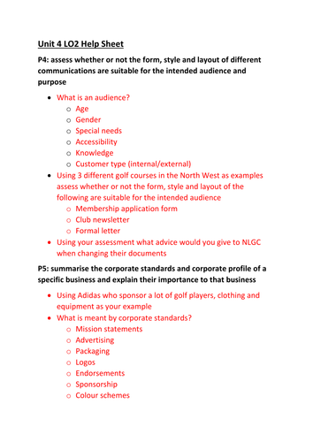 CTEC Business Studies 2016 Unit 4 LO2 Help Sheet