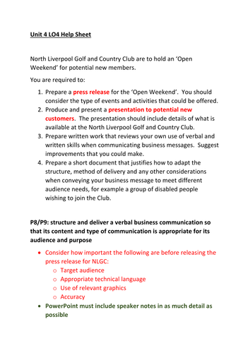 CTEC Business Studies 2016 Unit 4 LO4 Help Sheet