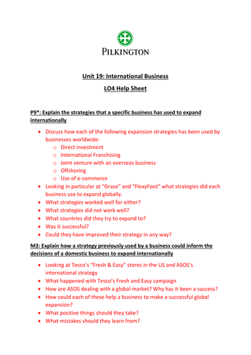 CTEC Business Studies 2016 Unit 19 LO4 Help Sheet