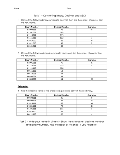 Binary activity worksheet image