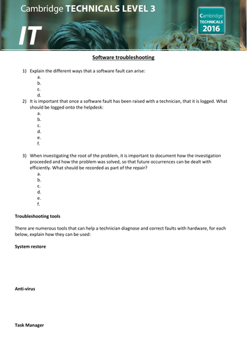 OCR Cambridge Technicals in IT - Unit 1 - 2.8 - software troubleshooting