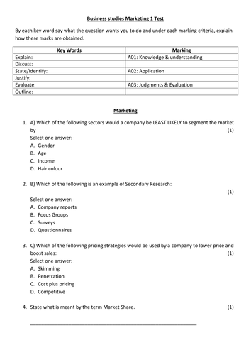 GCSE AQA Business marketing Topic Test