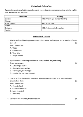 AQA GCSE Business topic test for motivation & training